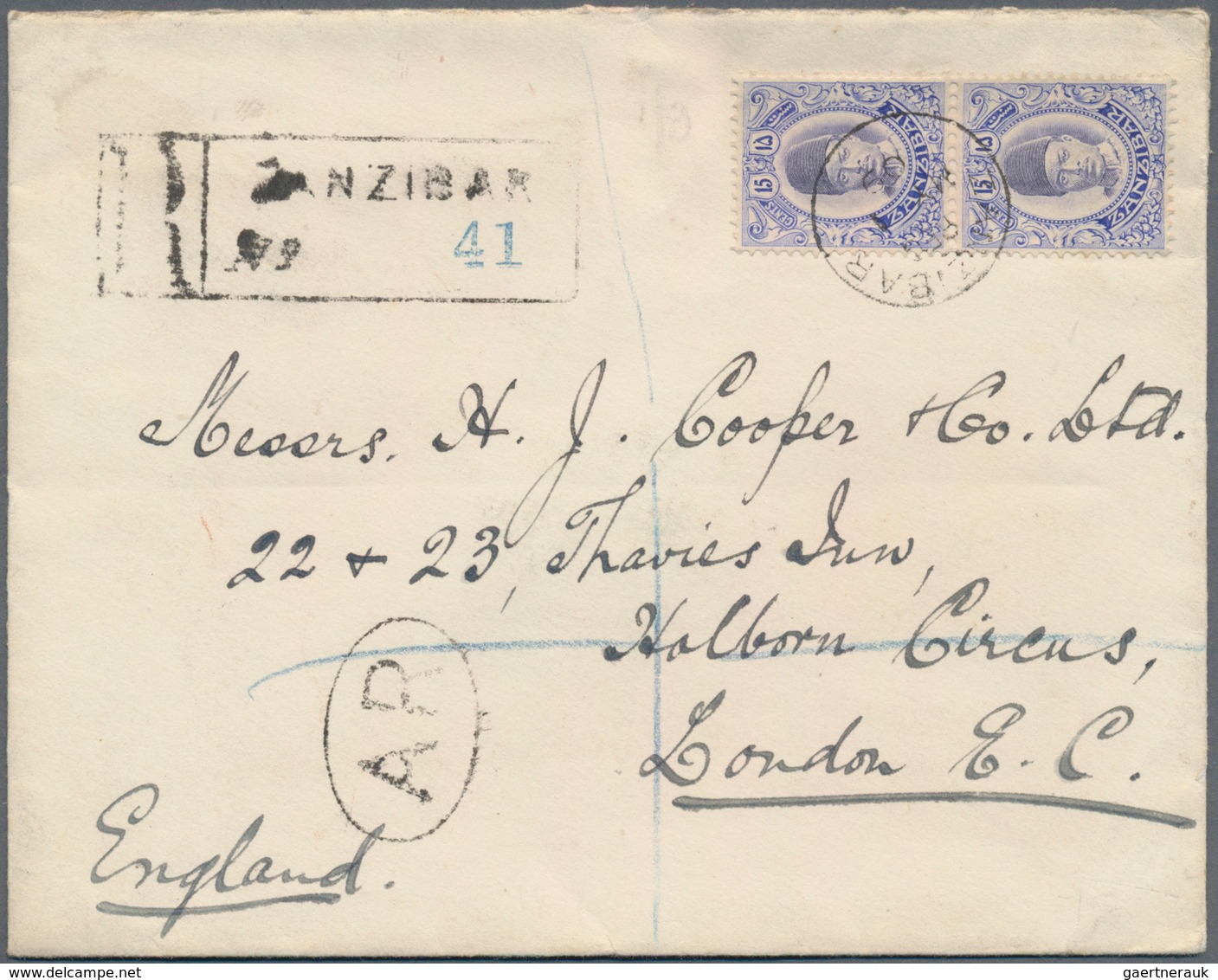 Zanzibar: 1909. Registered Advice Of Receipt Mail Envelope Addressed To London Bearing SG 230, 15c U - Zanzibar (...-1963)