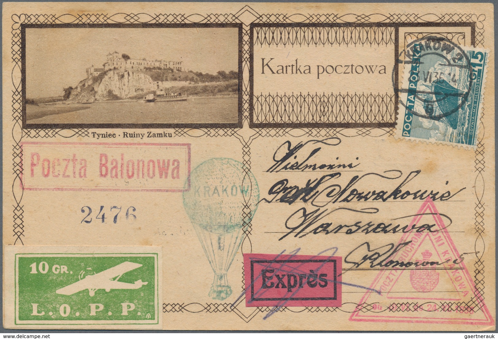 Ballonpost: 1936, Picture Card Franked With 15 Gr. With "Poczta Blonowa" With Balloon Cachets From K - Luchtballons