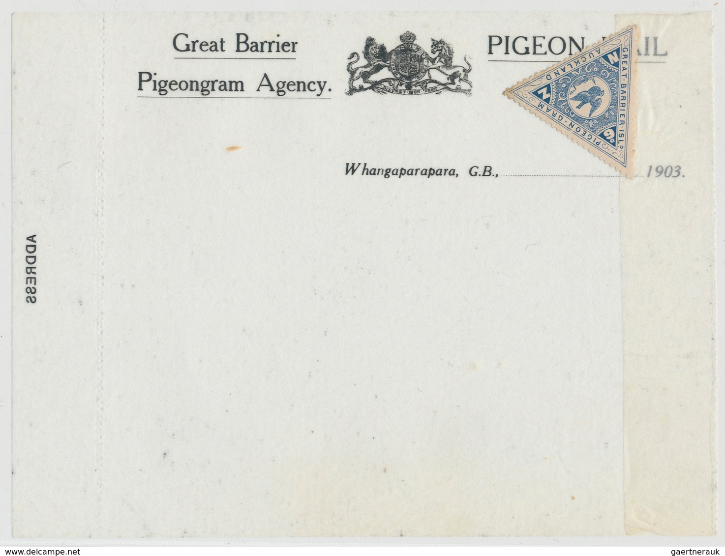 Brieftaubenpost: 1903, NEUSEELAND: PIGEONGRAM Der Great Barrier Pigeongram Agency F. Strecke Whangap - Palomas, Tórtolas