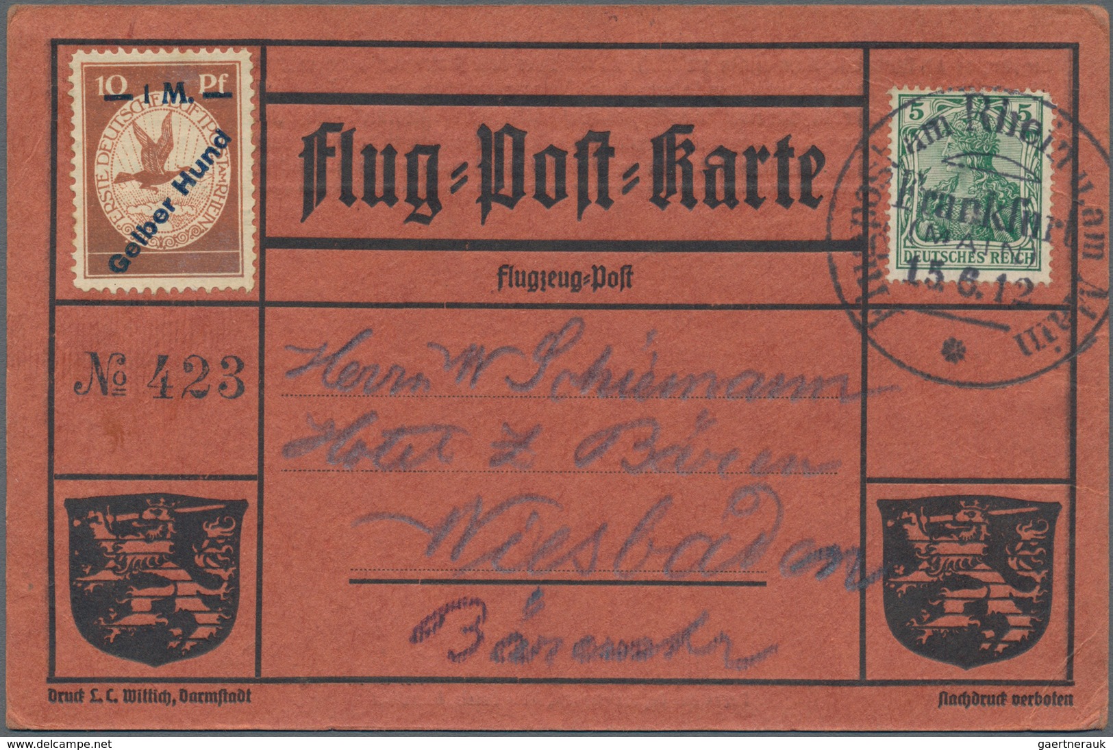 Flugpost Deutschland: 1912. Scarce Pioneer Gelber Hund - Yellow Dog Airmail Card Used During The Gra - Poste Aérienne & Zeppelin