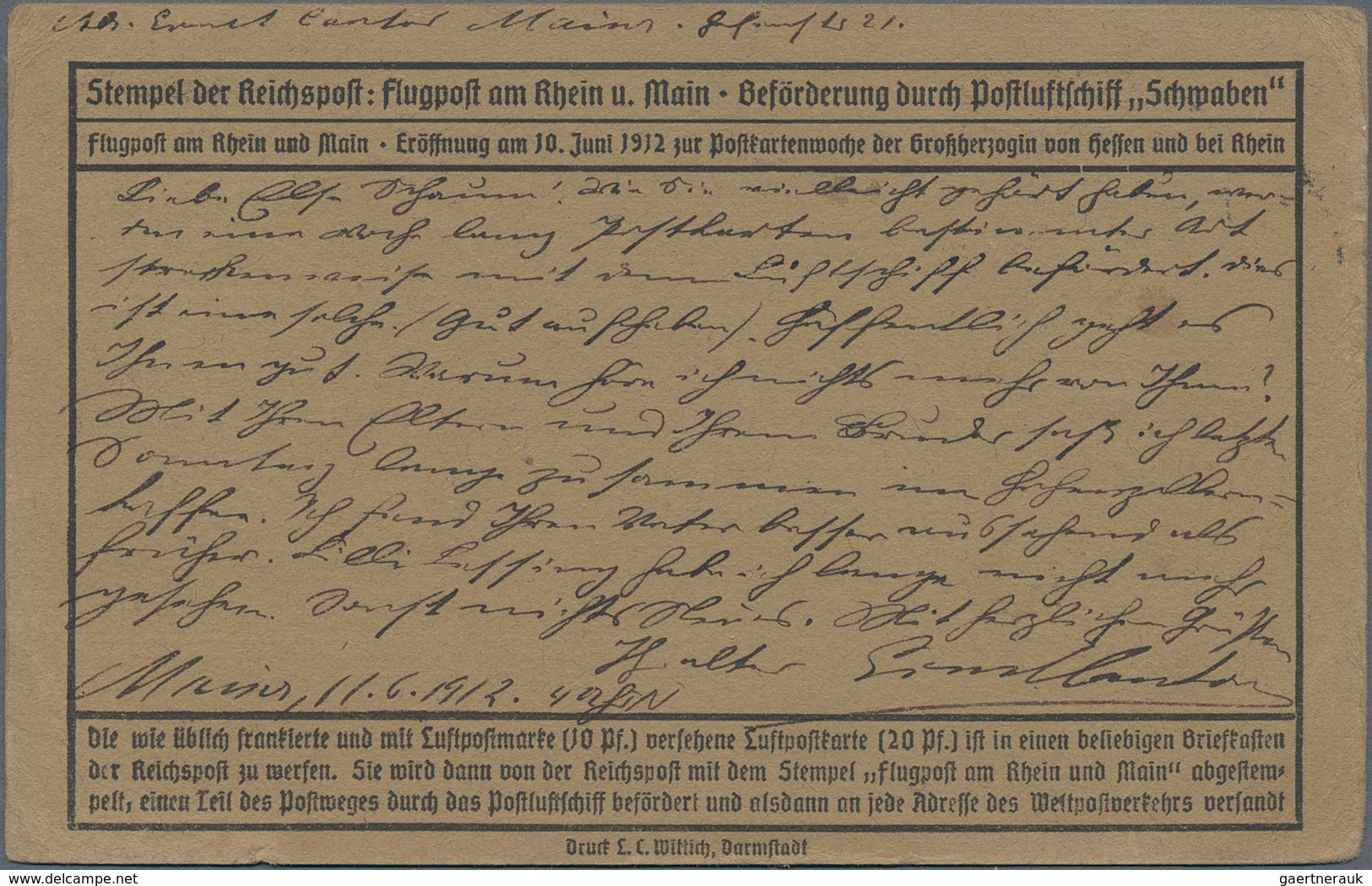 Flugpost Deutschland: 1912, Frankreich Als Adressziel Von Graubrauner FLUGPOST RHEIN-MAIN ERSTTAG-Ka - Correo Aéreo & Zeppelin