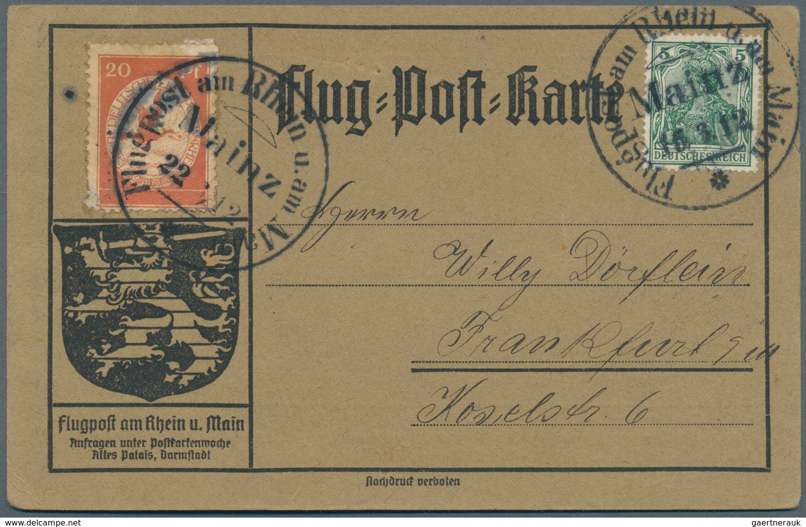 Flugpost Deutschland: 1912, "MAINZ 15.6." Flugpost-Sonderstempel Auf 5Pf Germania Und "Mainz 22.6." - Luft- Und Zeppelinpost