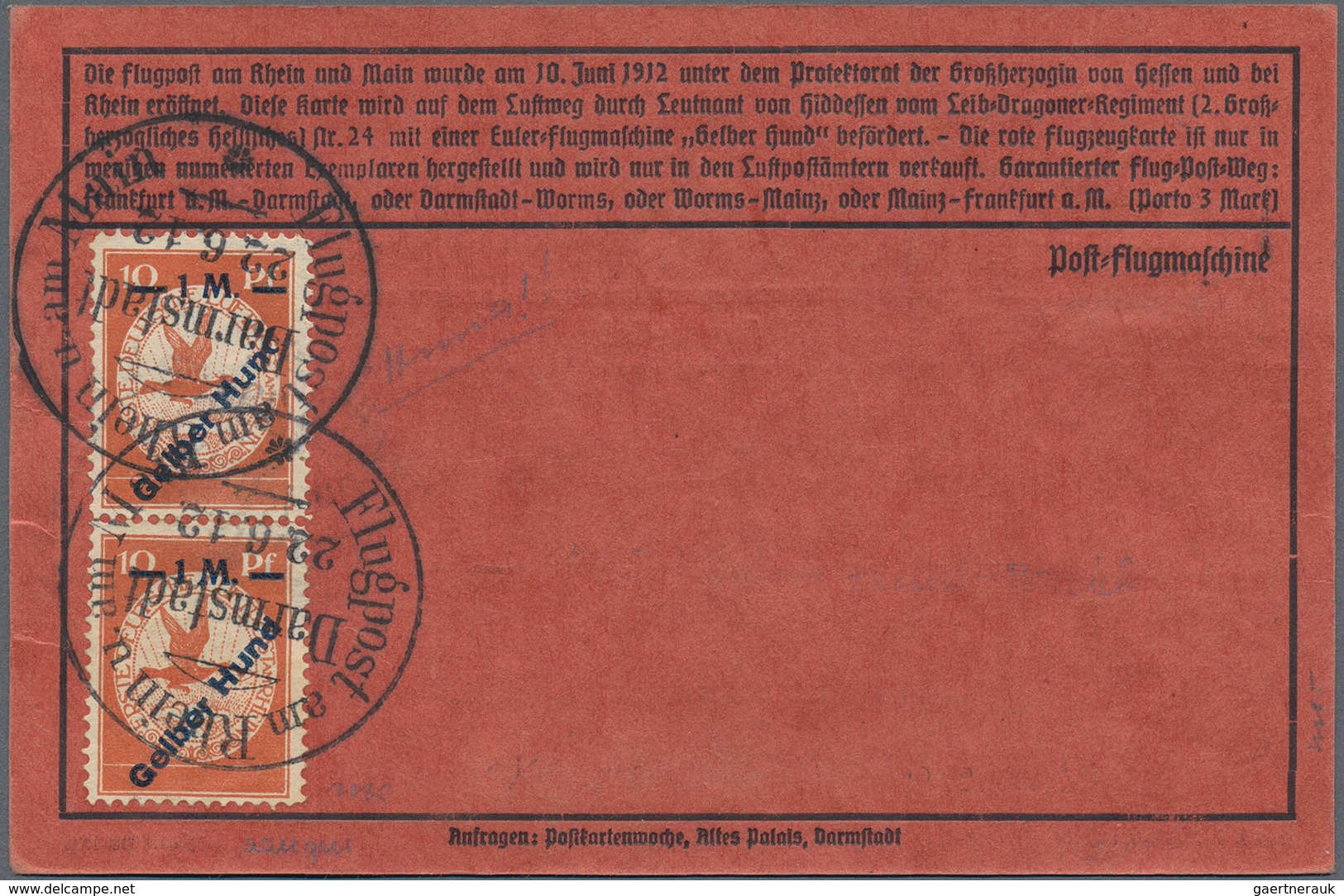 Flugpost Deutschland: 1912, FLUGPOST RHEIN-MAIN: Nummerierte Karte "Roter Hund", SSt. DARMSTADT 22.6 - Correo Aéreo & Zeppelin