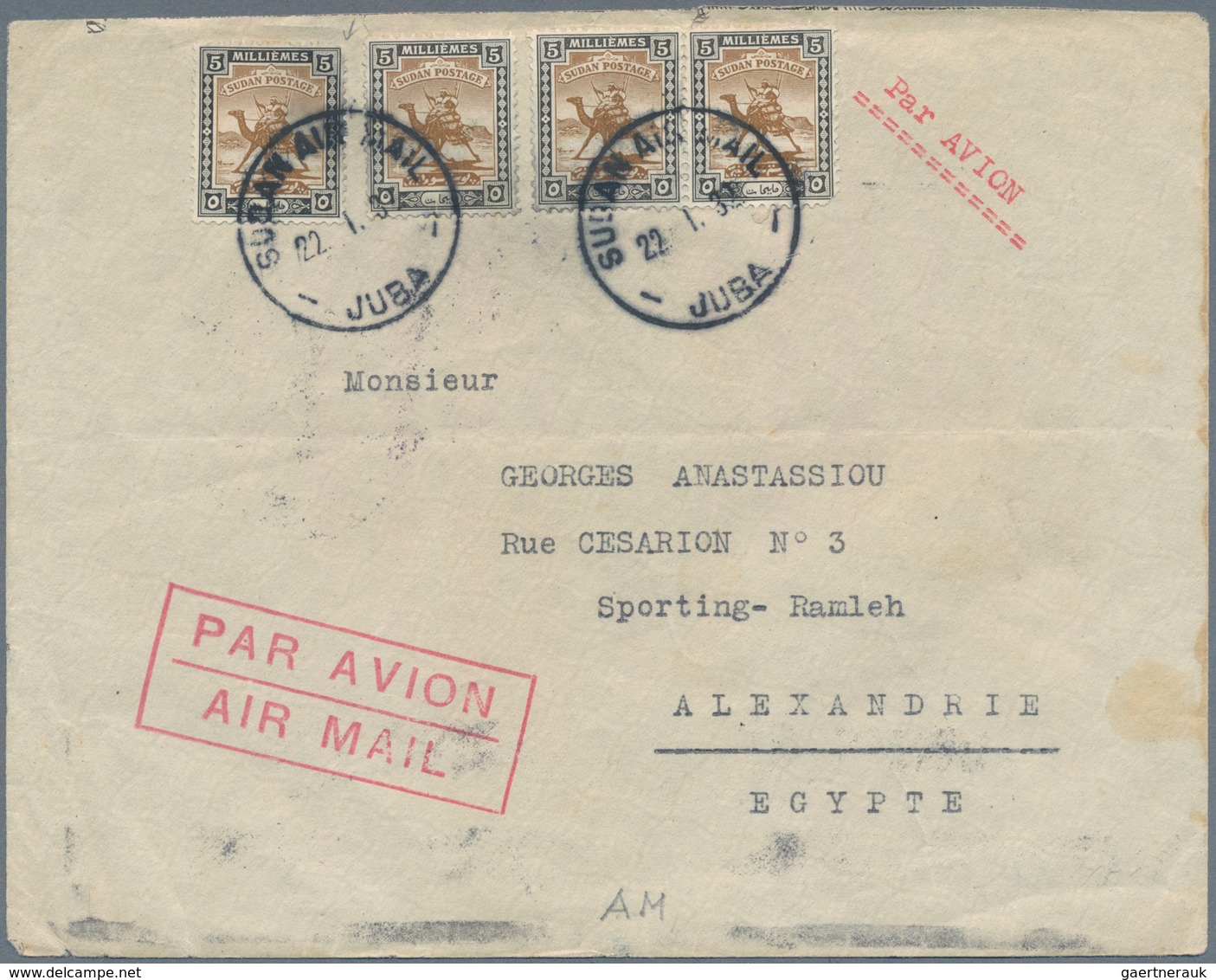 Flugpost Übersee: SUDAN: 1932, Four Items 5 M Brown/black On Airmail Letter To Alexandrie/Egypt, Som - Andere & Zonder Classificatie