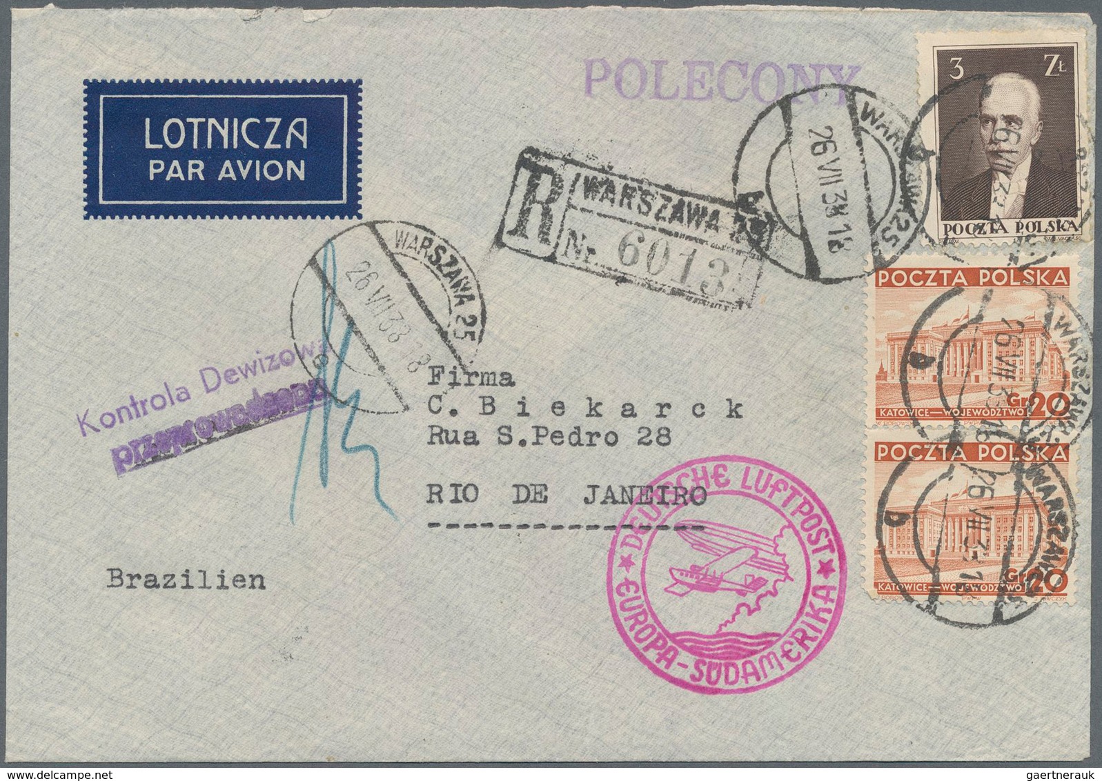 Flugpost Übersee: 1938 Registered Cover From Warsaw With Censorship (foreign Exchange Control) Over - Andere & Zonder Classificatie