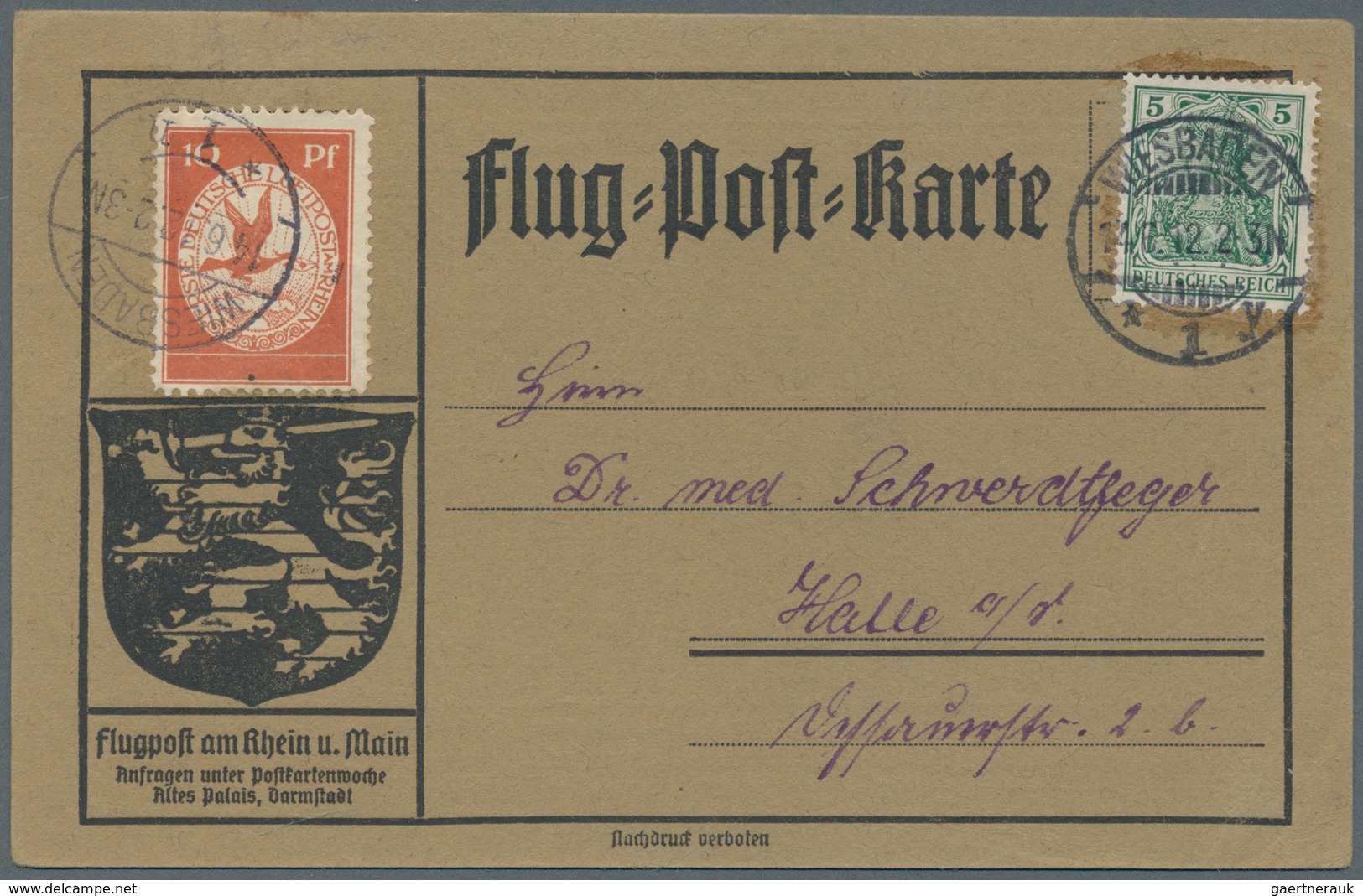 Zeppelinpost Deutschland: 1912, Flugpost Rhein-Main, Karte Mit 10 Pfg. (Nr. I) Und 5 Pfg Germania Mi - Airmail & Zeppelin