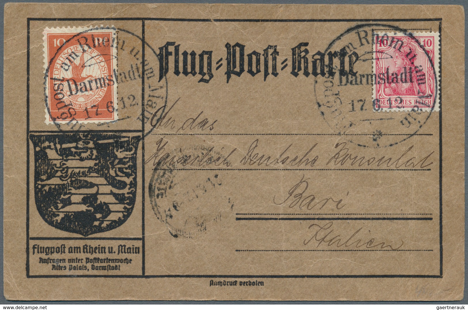 Zeppelinpost Deutschland: 1912, FLUGPOST RHEIN MAIN, Graubraune Flugpostkarte Mit Sonderstempel DARM - Luchtpost & Zeppelin