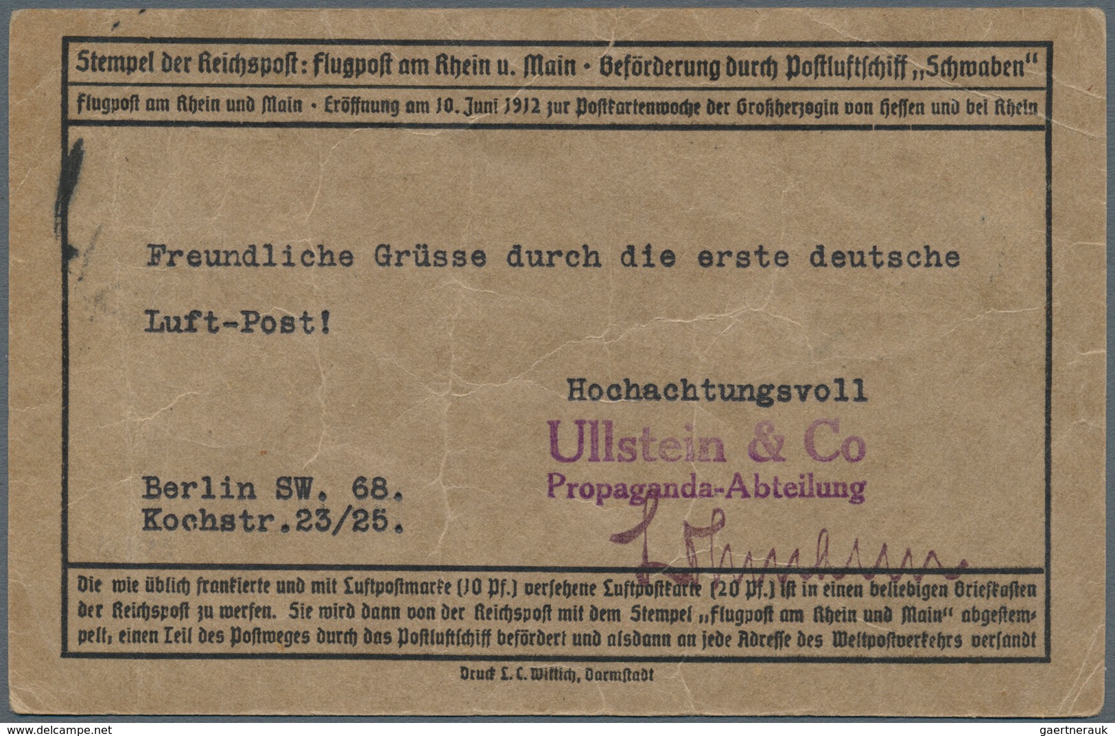 Zeppelinpost Deutschland: 1912, FLUGPOST RHEIN MAIN, Graubraune Flugpostkarte Mit Sonderstempel DARM - Luchtpost & Zeppelin