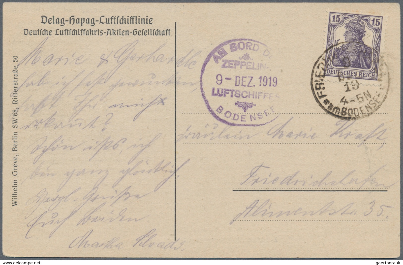 Zeppelinpost Deutschland: 1919, (9.12.), LZ 120 Bodensee, Delag-Hapag Airship Line, Luxury Card With - Poste Aérienne & Zeppelin