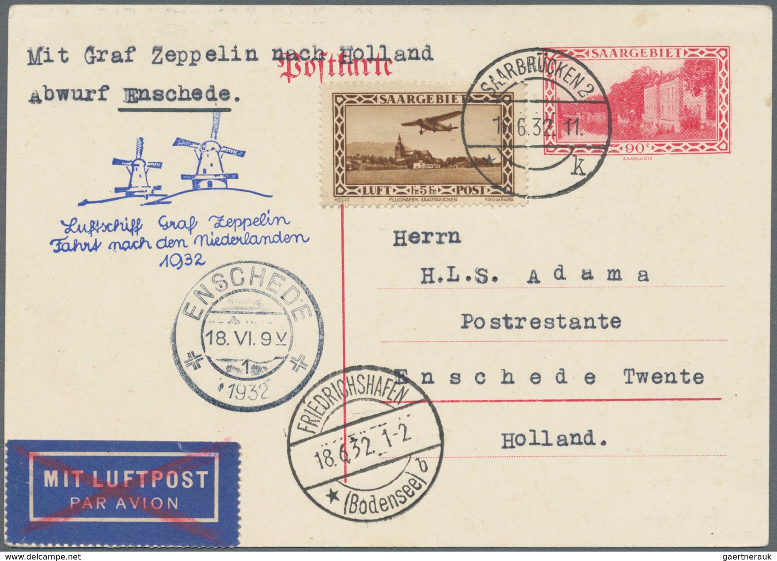 Zeppelinpost Deutschland: 1932. Saar/German Upfranked Ganzsache / Postal Stationery Card Flown On Th - Luchtpost & Zeppelin