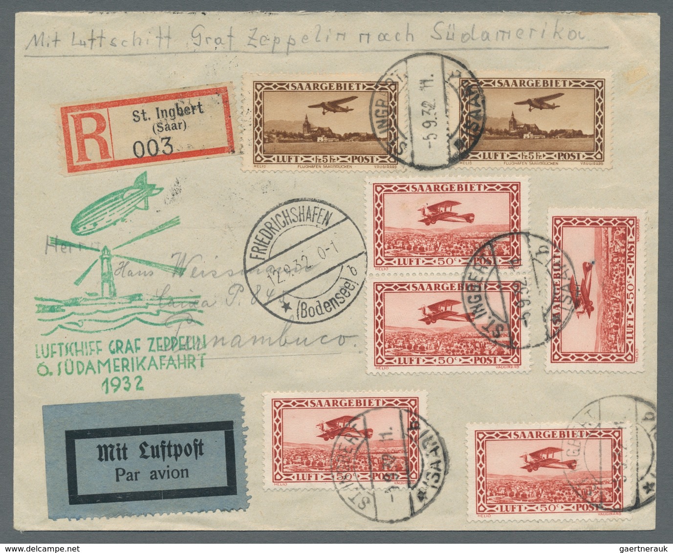 Zeppelinpost Deutschland: 1932 - Zuleitung Saar Zur 6. SAF, Portorichtig Und Ausschließlich Mit Flug - Luchtpost & Zeppelin