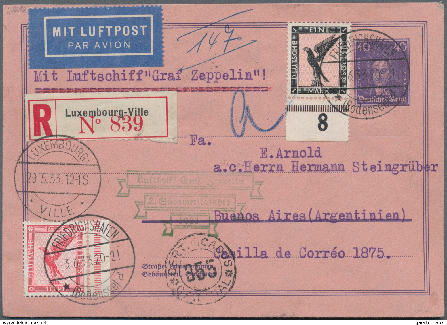 Zeppelinpost Deutschland: 1933, 2. SÜDAMERIKAFAHRT/LUXEMBURG: 40 Pfg. Rohrpostumschlag Mit Deutscher - Luchtpost & Zeppelin