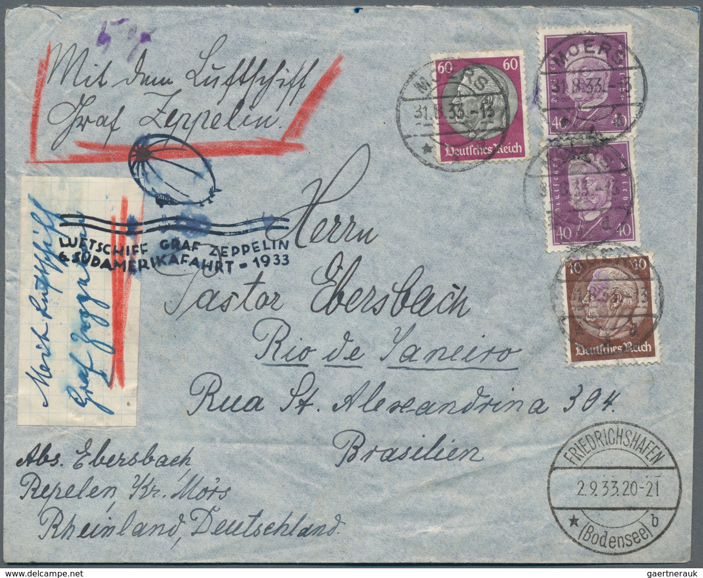 Zeppelinpost Deutschland: 1933, 6th Journey To Southamerica, Business Letter From MOERS Via Friedric - Luchtpost & Zeppelin