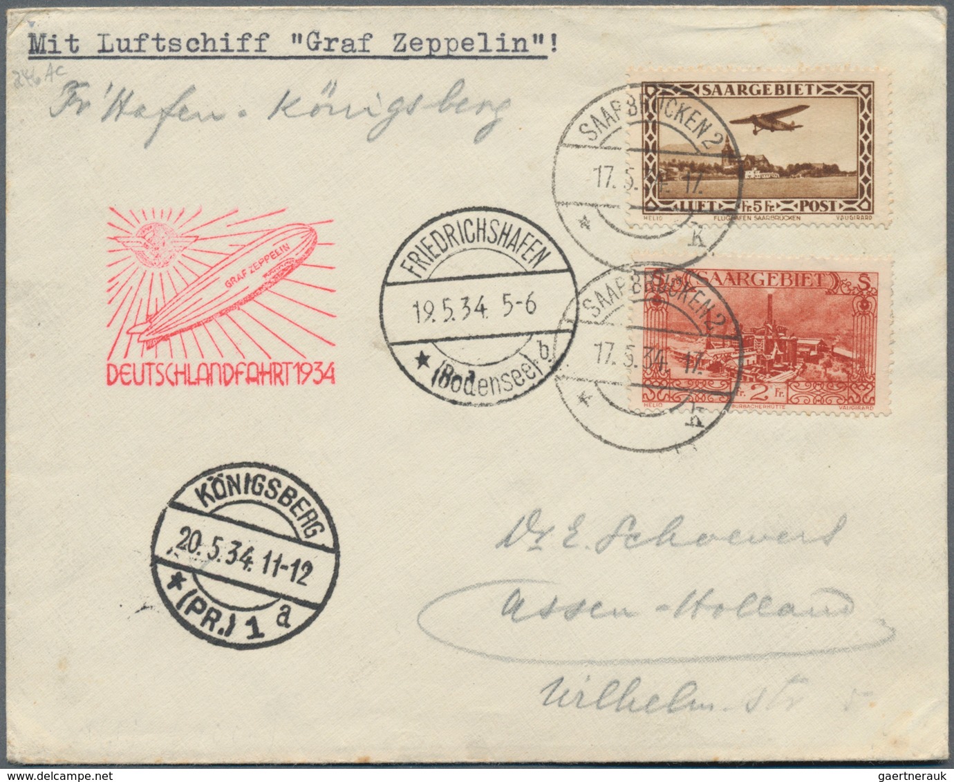 Zeppelinpost Deutschland: 1934, Saar/Deutschlandfahrt/Fhfn-Königsberg: Schöner Vertragsstaatenbrief, - Luchtpost & Zeppelin