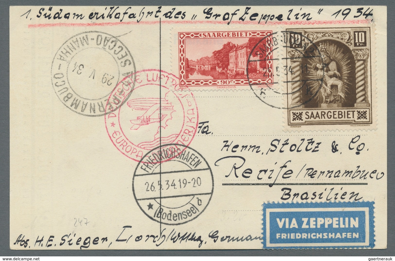 Zeppelinpost Deutschland: 1934 - Zuleitung Saar Zur 1. SAF, Portorichtig Frankierte Propagandakarte - Luchtpost & Zeppelin