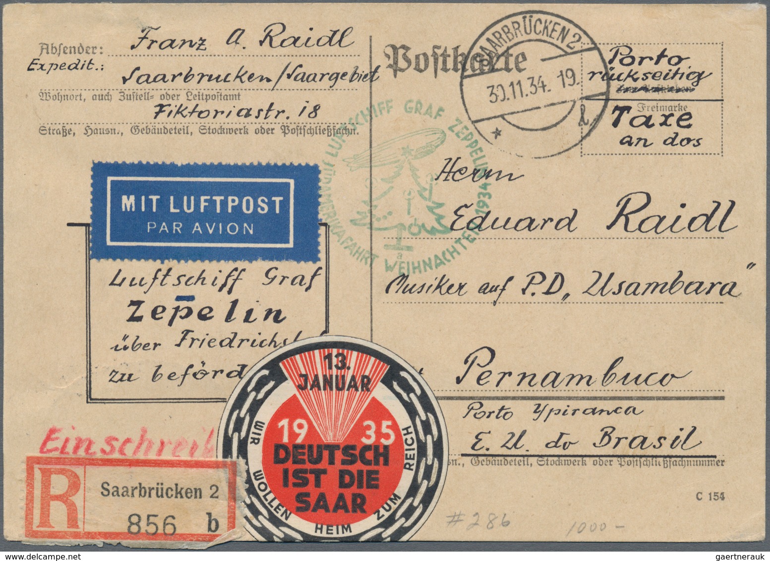 Zeppelinpost Deutschland: 1934. High Values (1.5,2,5Fr) Of The 1934 Volkshilfe / Welfare Issue On 19 - Luchtpost & Zeppelin