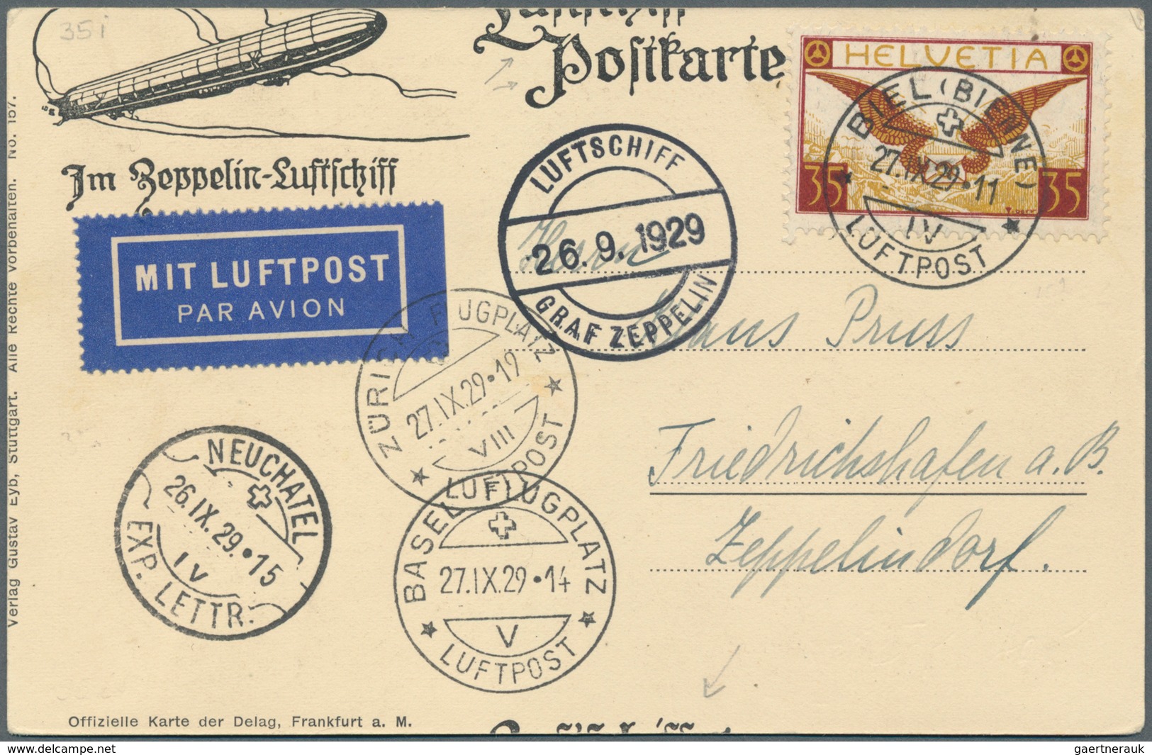 Zeppelinpost Europa: 1929, SCHWEIZ/SCHWEIZFAHRT/Abwurf NEUCHATEL, Aufgabe BIEL: Zeppelin Luftschiff- - Otros - Europa