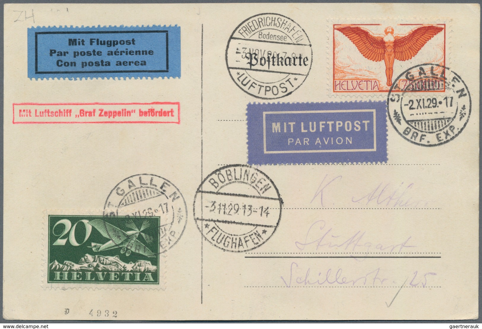 Zeppelinpost Europa: 1929, BÖBLINGENFAHRT/SCHWEIZ: Dekorative Karte Mit Luftpostfrankatur Mi.-Nr. 19 - Andere-Europa