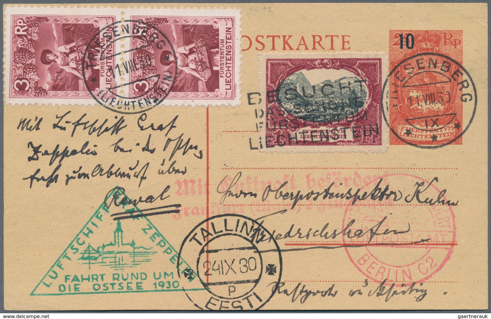 Zeppelinpost Europa: 1930, OSTSEEFAHRT/LIECHTENSTEIN: Dekorativ Frankierte Ganzsachenkarte Von TRIES - Europe (Other)