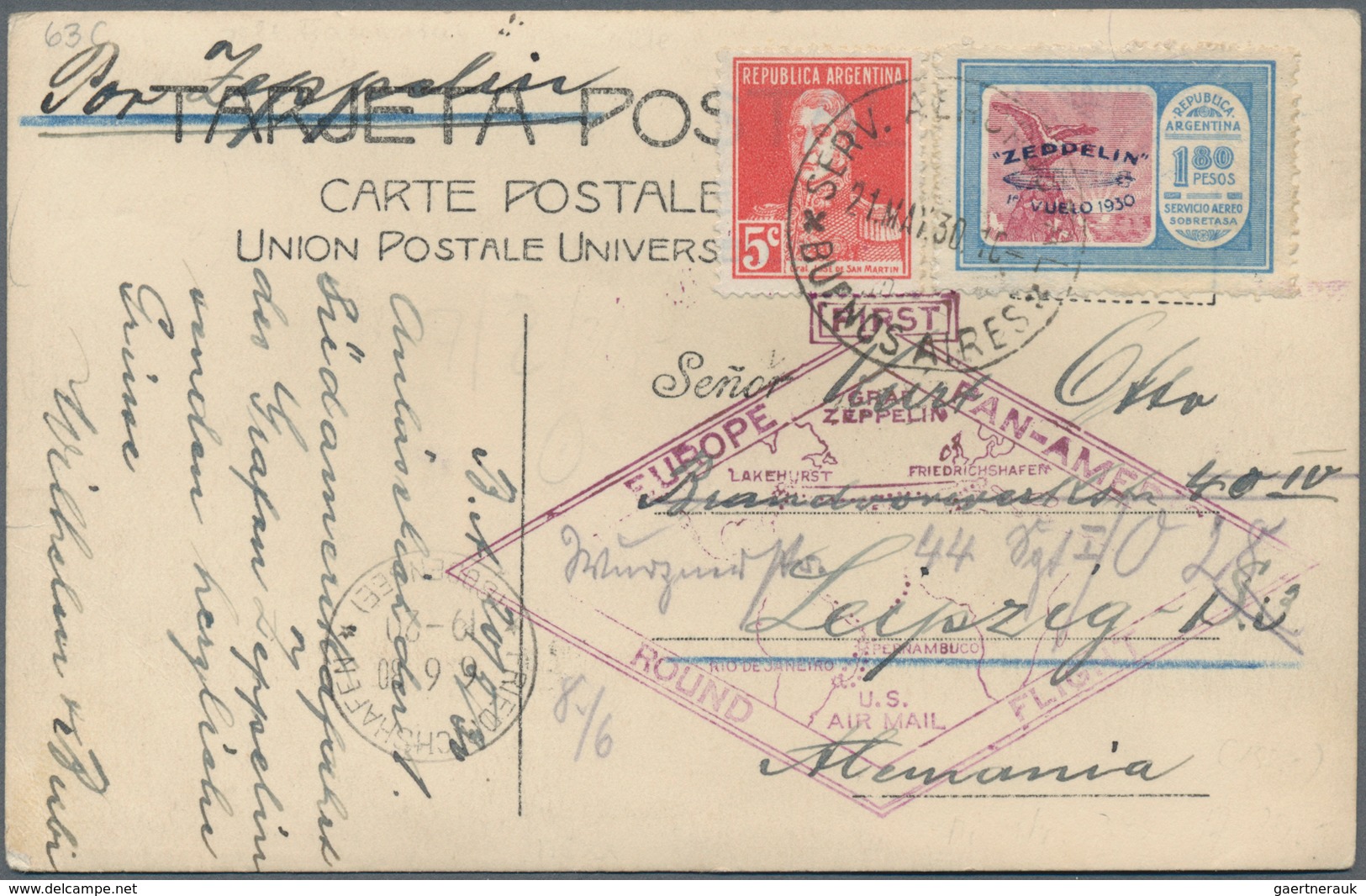 Zeppelinpost Übersee: 1930, SÜDAMERIKAFAHRT/ARGENTINA: Postcard With 1,80 Zeppelin Blue Imprint From - Zeppelin