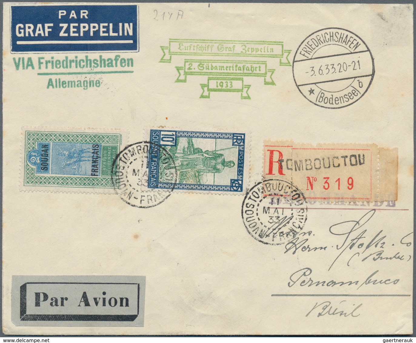 Zeppelinpost Übersee: 1933, 2 SÜDAMERIKAFAHRT/FRENCH SUDAN: Registered Letter Sent From " TOMBUUCTOU - Zeppelins