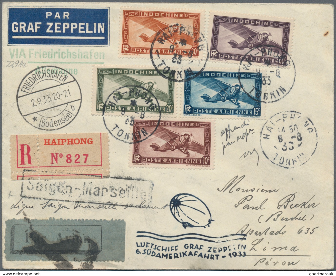 Zeppelinpost Übersee: 1933, 6. SÜDAMERIKAFAHRT/FRENCH INDOCHINE: Zeppelin Cover Franked With 5 Diffe - Zeppelins