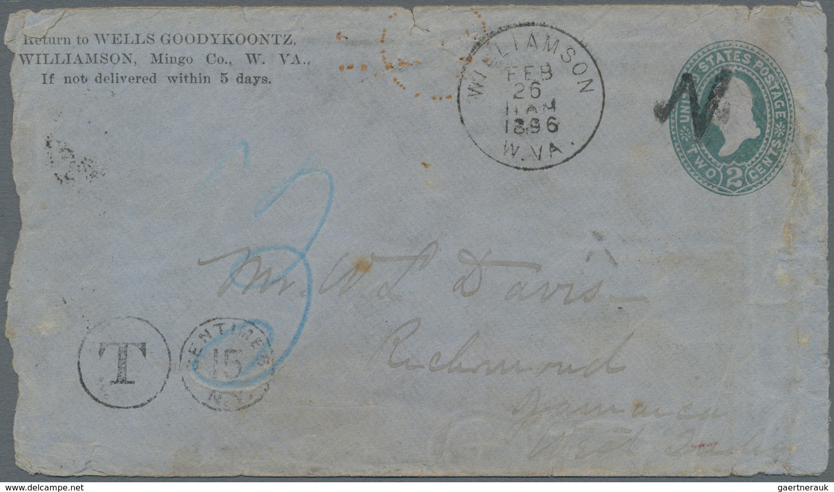 Katastrophenpost: 1896 (26.2.), USA Stat. Envelope 2c. Green On Blue Used From Williamson To Richmon - Andere & Zonder Classificatie