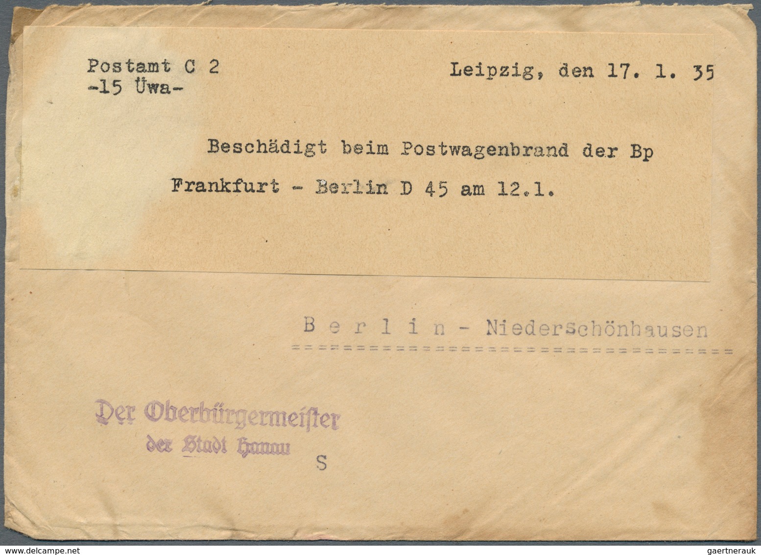 Katastrophenpost: 1935, "Beschädigt Beim Postwagenbrand Der Bp Frankfurt-Berlin D 45 Am 12.1. Postam - Otros & Sin Clasificación