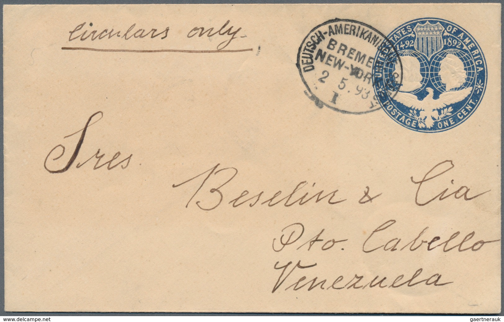Deutsche Schiffspost Im Ausland - Seepost: 1893, Amerikanischer GA-Umschlag 1 C "Columbus-Ausstellun - Andere & Zonder Classificatie