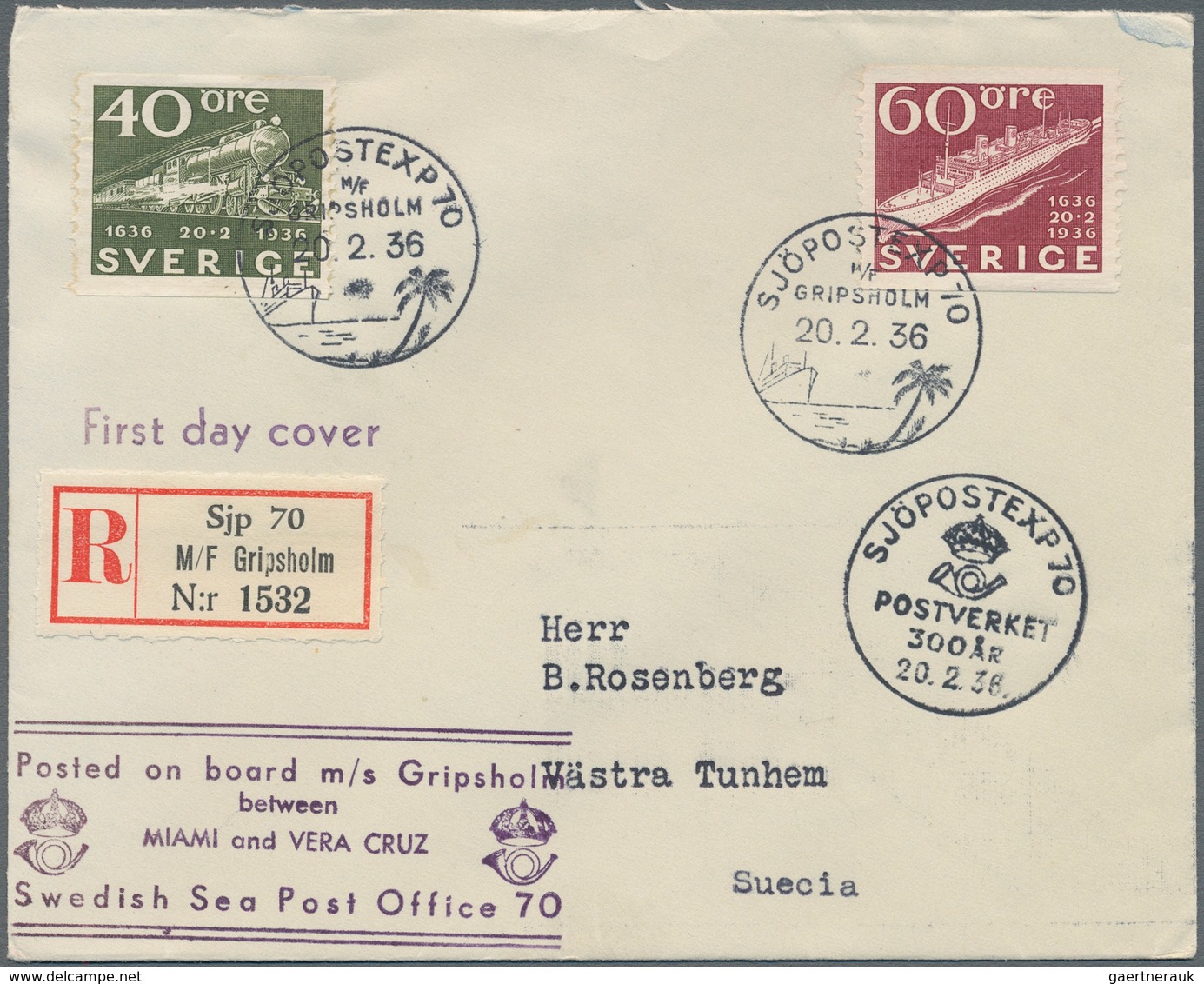 Schiffspost Alle Welt: 1936, Registered Cover With R-label " SjP - M/F Gripsholm", Two Different Spe - Andere & Zonder Classificatie