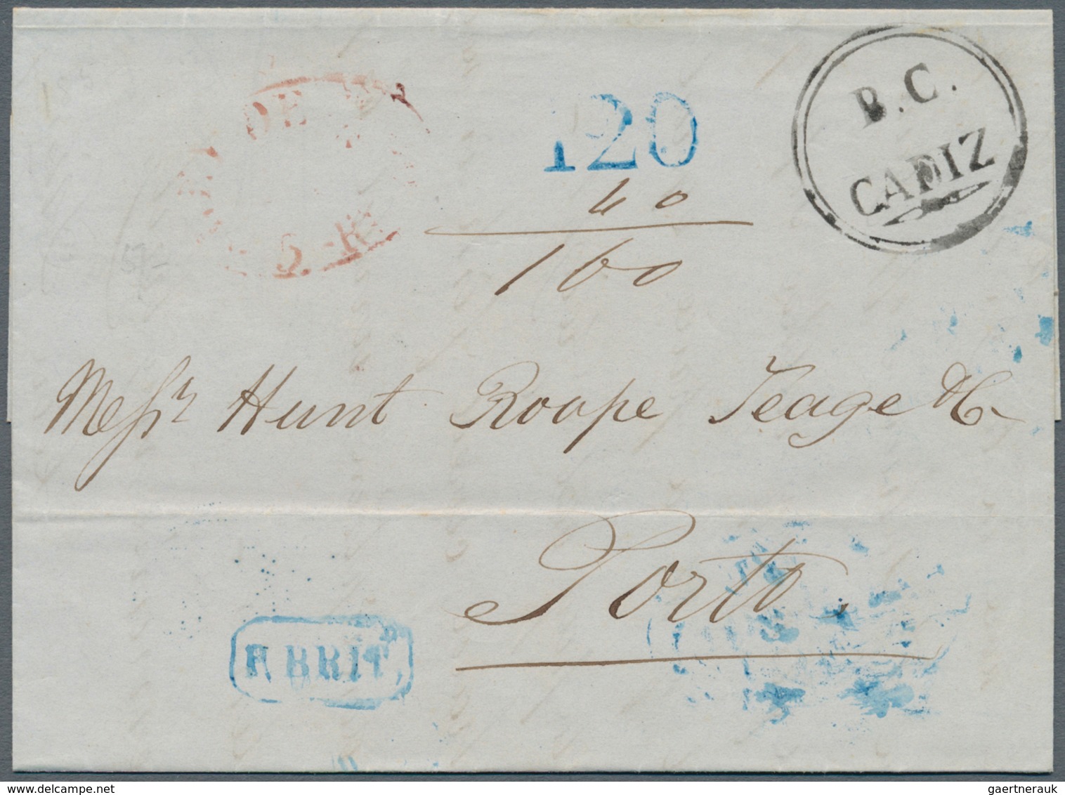 Spanien - Vorphilatelie: 1852. Stampless Envelope Written From 'Cadiz' Dated '17th Feb 1852' Address - ...-1850 Voorfilatelie