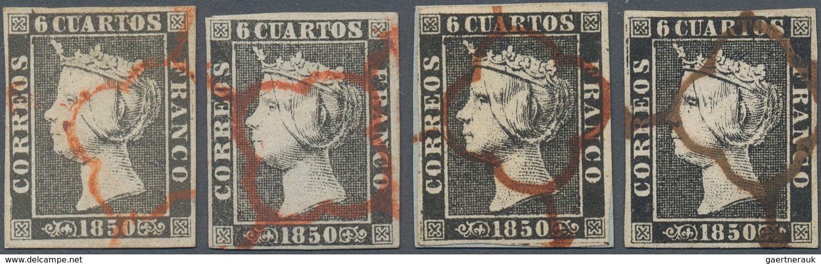 Spanien: 1850, Isabella II In Quare Frame 6 Centavos Black, Four Values With Cancels In Different Sh - Otros & Sin Clasificación
