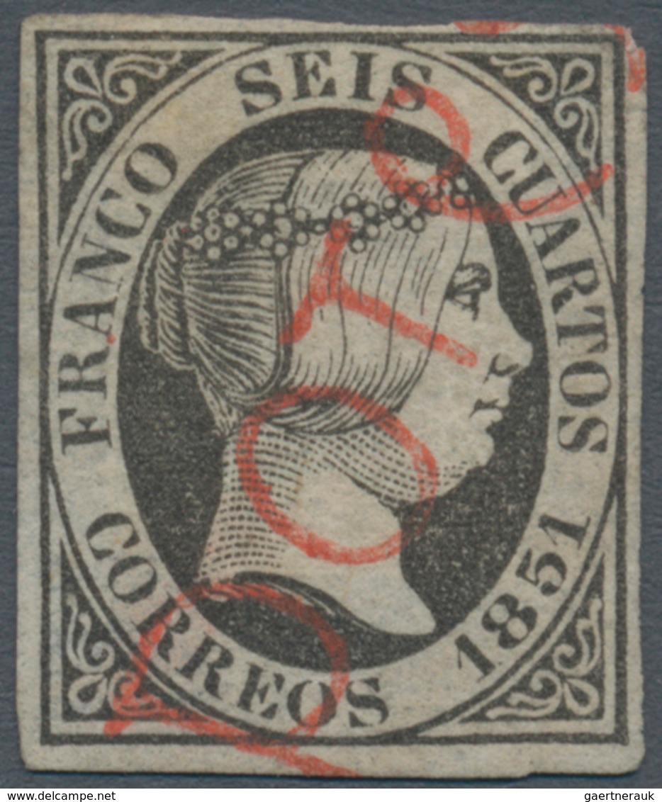 Spanien: 1851, 6cs. Black, Fresh Colour And Full Margins, Clearly Oblit. By Red Straight Line "POTES - Otros & Sin Clasificación