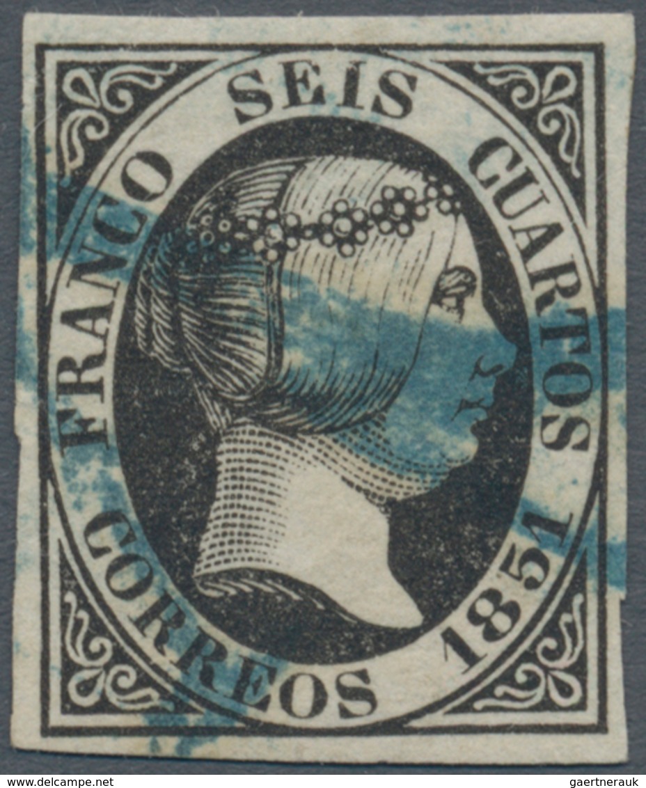 Spanien: 1851, 6cs. Black, Fresh Colour And Full To Wide Margins All Around, Neatly Oblit. By Blue P - Autres & Non Classés