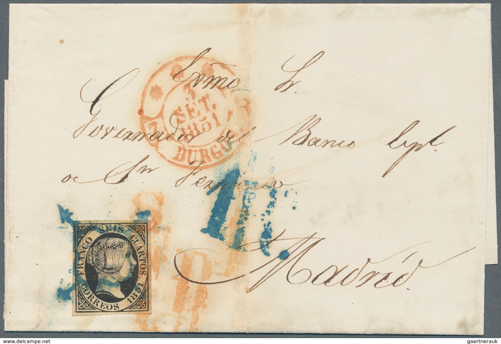 Spanien: 1851, 6 Cs. Black On Folded Letter From Burgos To Madrid. Mixed Postmark Blue Spider And Ar - Otros & Sin Clasificación