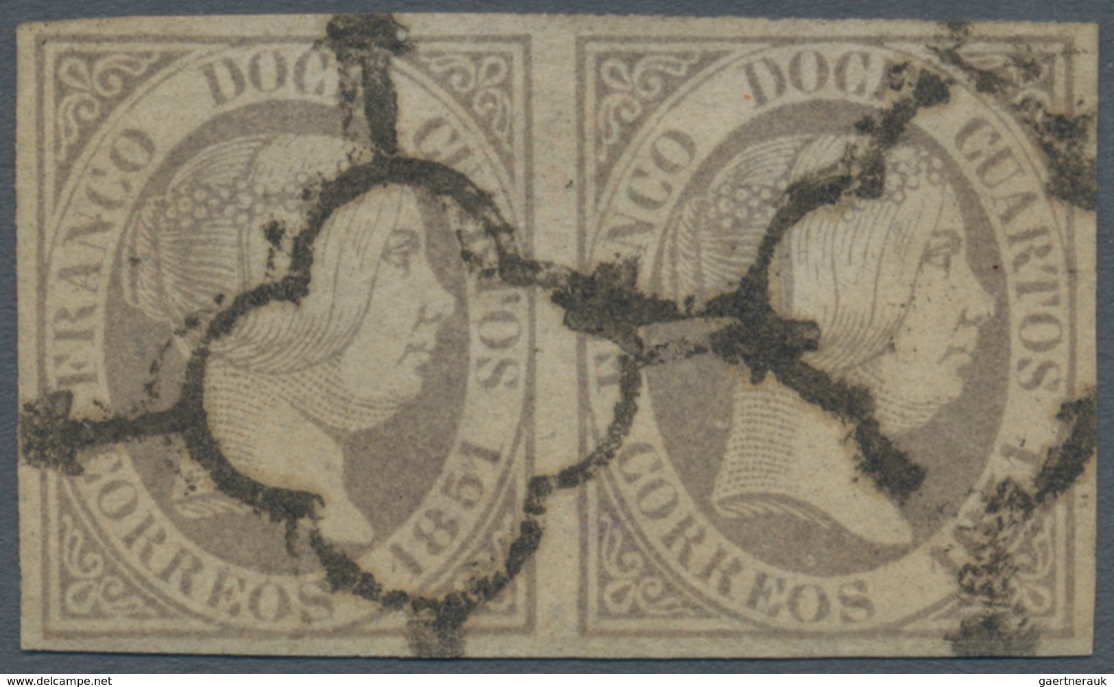 Spanien: 1851, 12cs. Lilac, Horizontal Pair, Full Margins All Around, Clearly Oblit. By Black "arana - Other & Unclassified