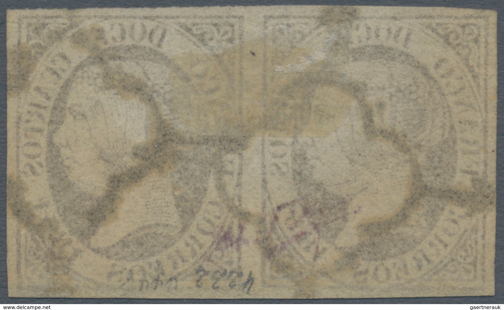 Spanien: 1851, 12cs. Lilac, Horizontal Pair, Full Margins All Around, Clearly Oblit. By Black "arana - Other & Unclassified