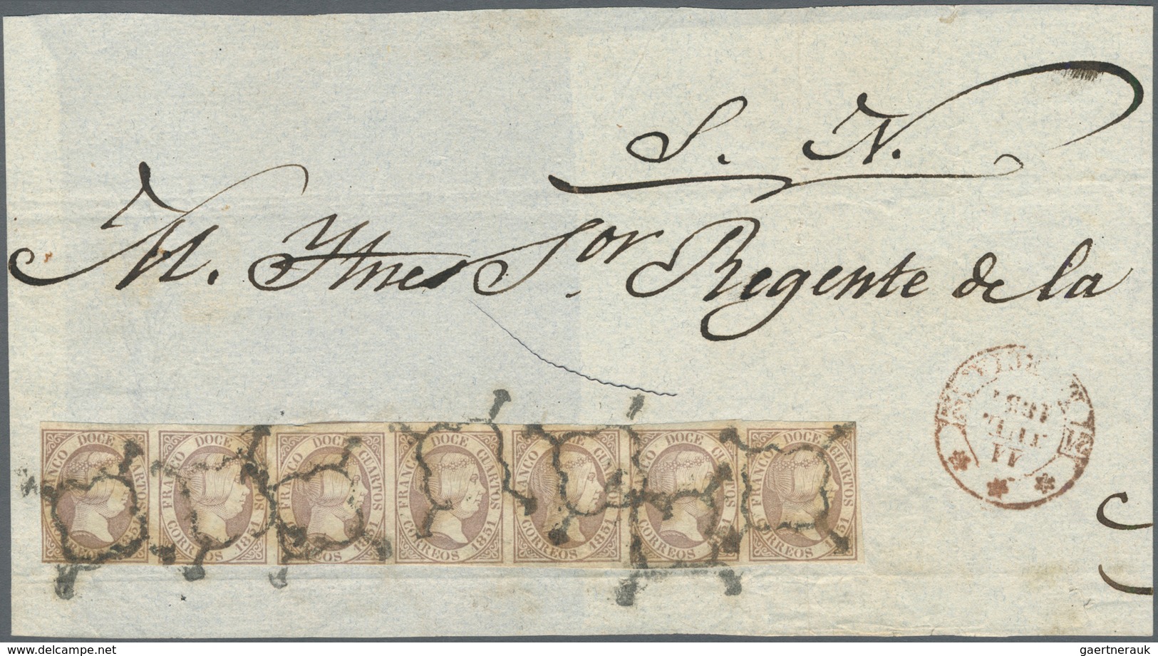 Spanien: 1851, 12 Cuartos Lilac, Horizontal Strip Of 7 Stamps, Even To Large Margins, Tied By Seven - Otros & Sin Clasificación