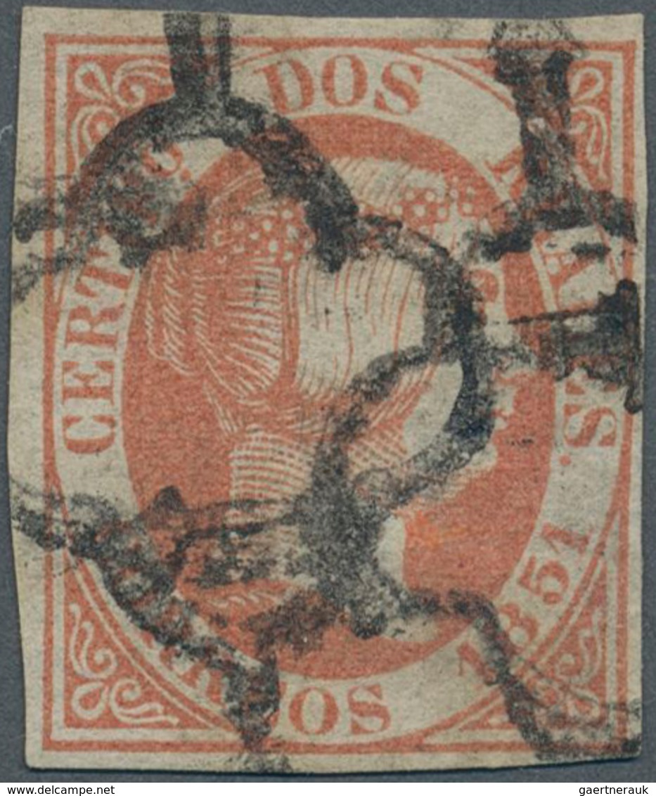 Spanien: 1851, 2 Reales Red-orange, Good Margins, With Triple Spider Cancellation In Black, Paper On - Andere & Zonder Classificatie