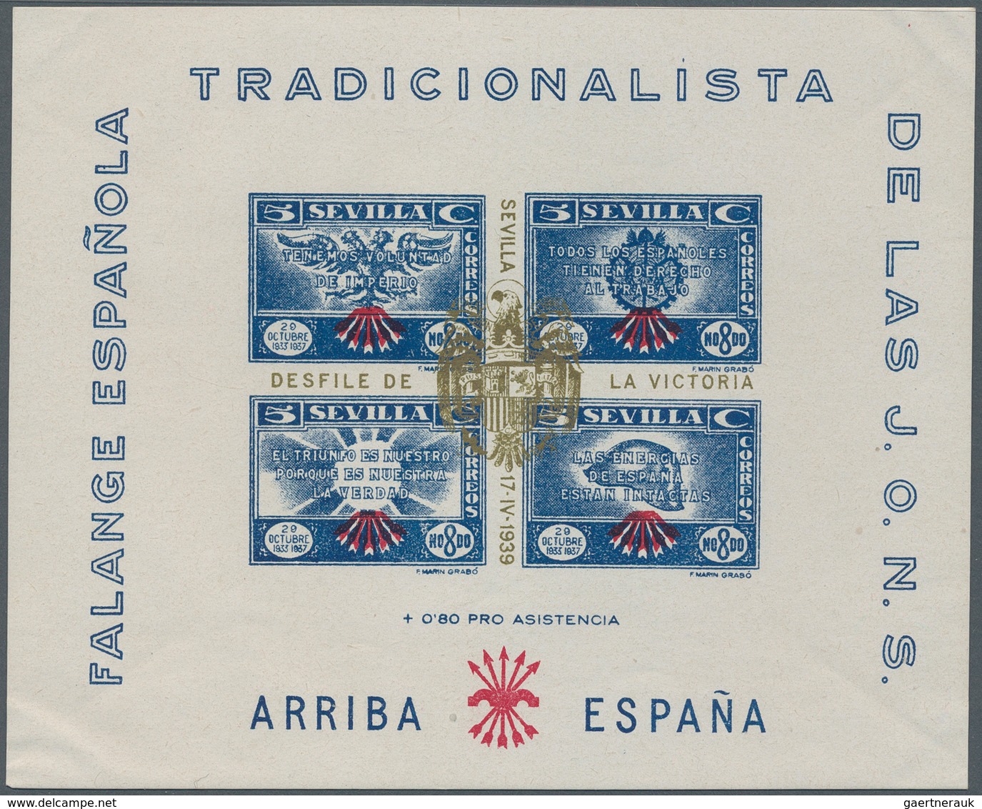 Spanien - Lokalausgaben: Sevilla: 1939, 2 Sheet Blocks With Gold Overprinting Coat Of Arms (RR): Des - Nationalistische Uitgaves