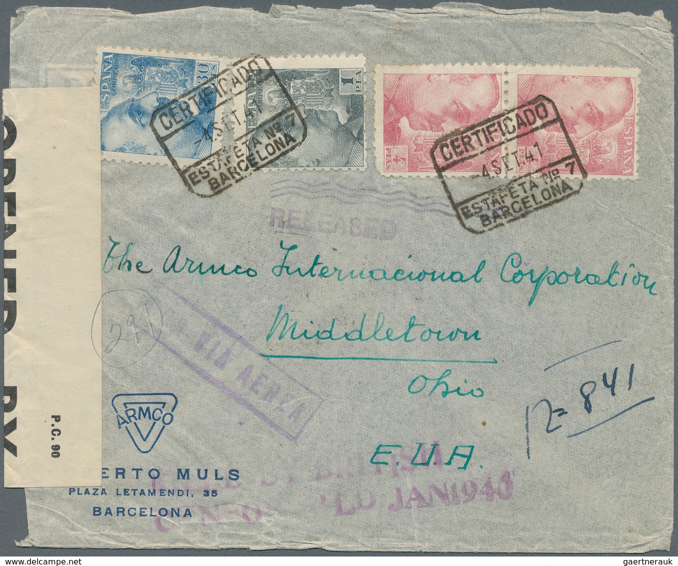Spanien - Besonderheiten: 1941, INTERCEPTED MAIL, 30 C Blue, 1 Pta Grey And 2 X 4 Pta Rose, Mixed Fr - Other & Unclassified