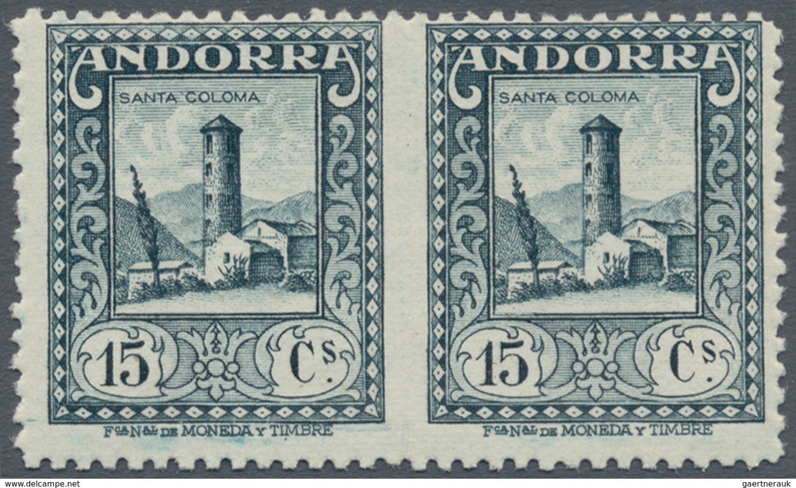 Andorra - Spanische Post: 1929, Native Buildings, Pair Of 15 C, Unperforated Between The Stamps. ÷ 1 - Andere & Zonder Classificatie