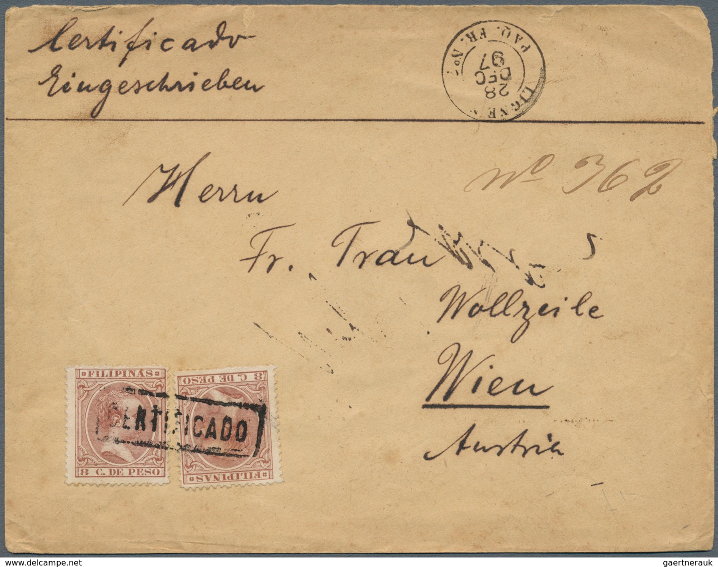 Philippinen: 1897. Registered Envelope Addressed To Austria Bearing SG 193, 8c Brown-lake (2) Tied B - Filippijnen