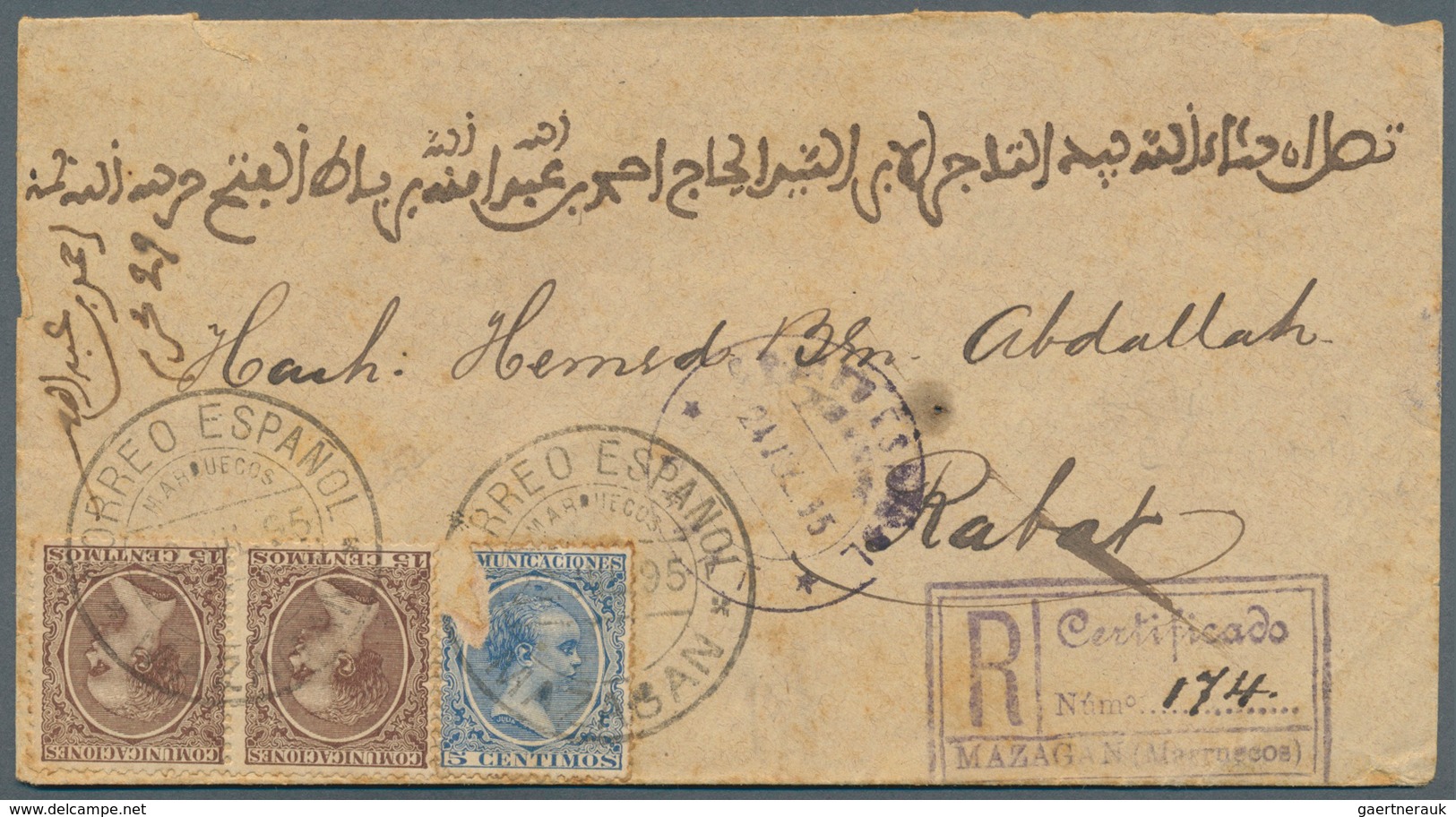 Spanisch-Marokko: 1895. Registered Envelope (backflap Partly Missing) Bearing Spain Yvert 198, 5c Bl - Spaans-Marokko