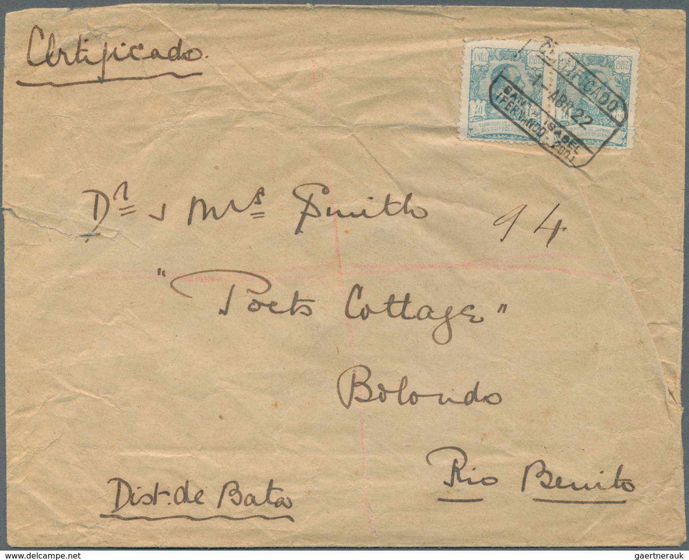 Spanische Besitzungen Im Golf Von Guinea: 1922, 40c. Light Blue, Horizontal Pair On Registered Cover - Spaans-Guinea