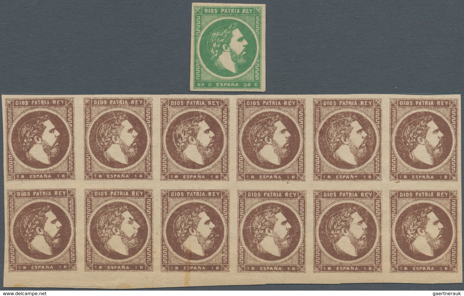 Spanien - Carlistische Post: 1875, Don Carlos Imperforate Definitives In A Large Lot Incl. 50c. Gree - Carlisten