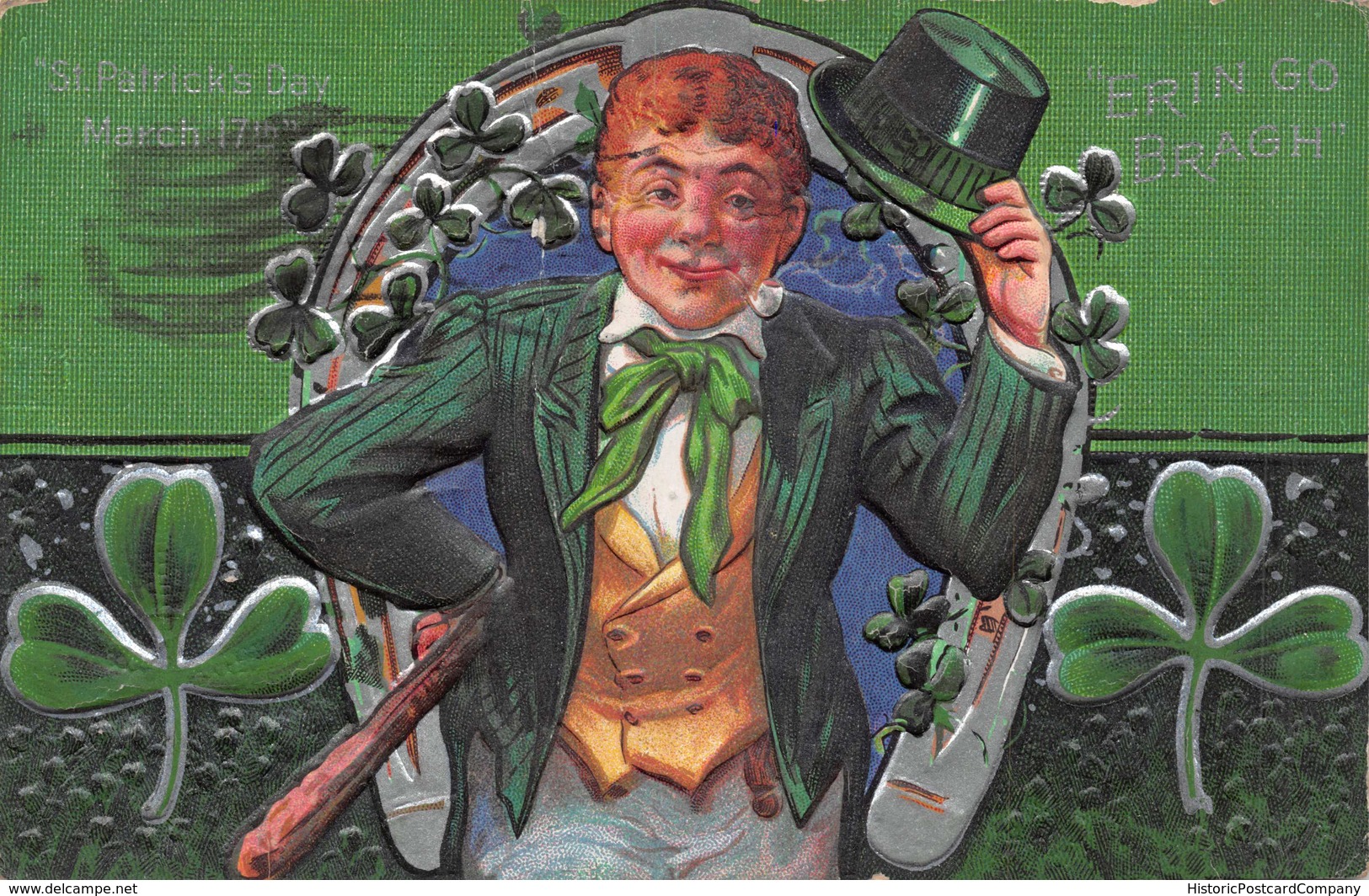 ST PATRICKS DAY MARCH 17th-MAN WEARING GREEN HAT-COAT-TIE-SHAMROCKS EMBOSSED 1911 POSTCARD 36504 - Saint-Patrick's Day