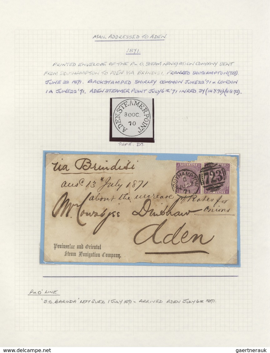 Aden: 1855-1887 ADEN INCOMING MAIL: Collection of 33 covers, one postal stationery card and few docu