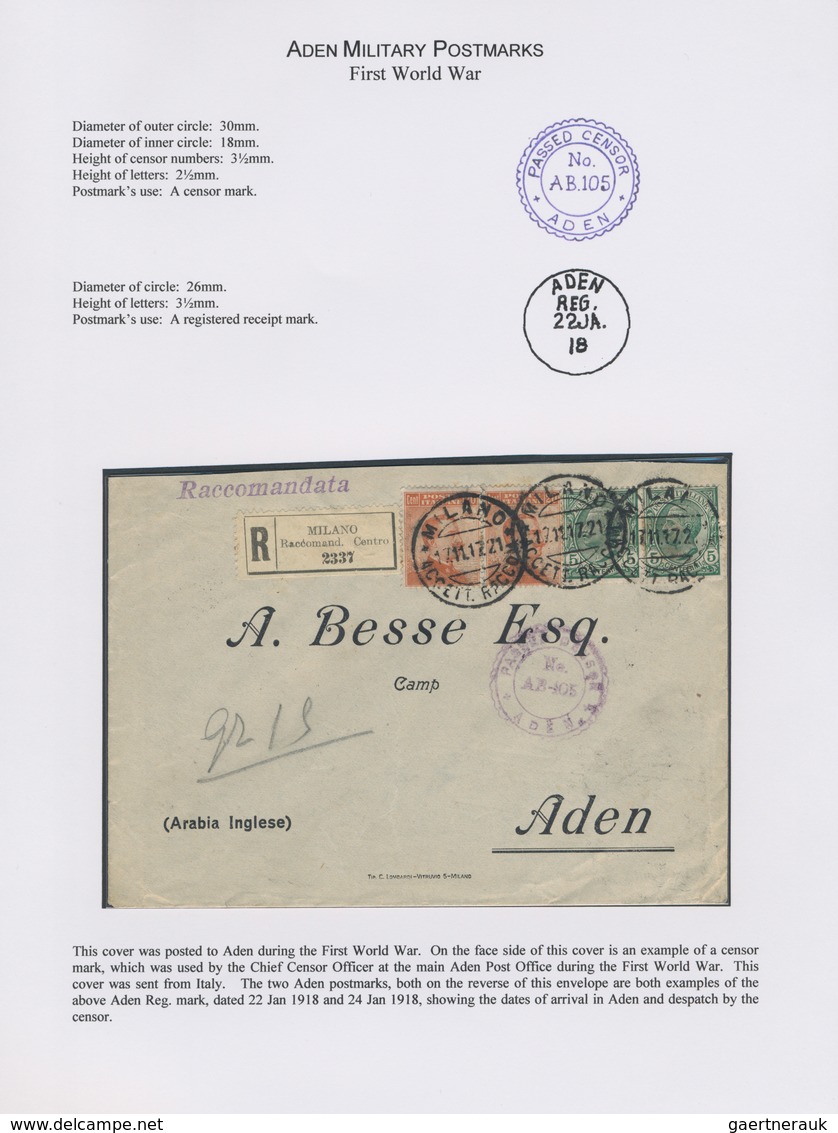 Aden: 1916/1918, Collection Of "ADEN MILITARY POSTMARKS" Showing All Kinds Of Censor Marks And Field - Aden (1854-1963)