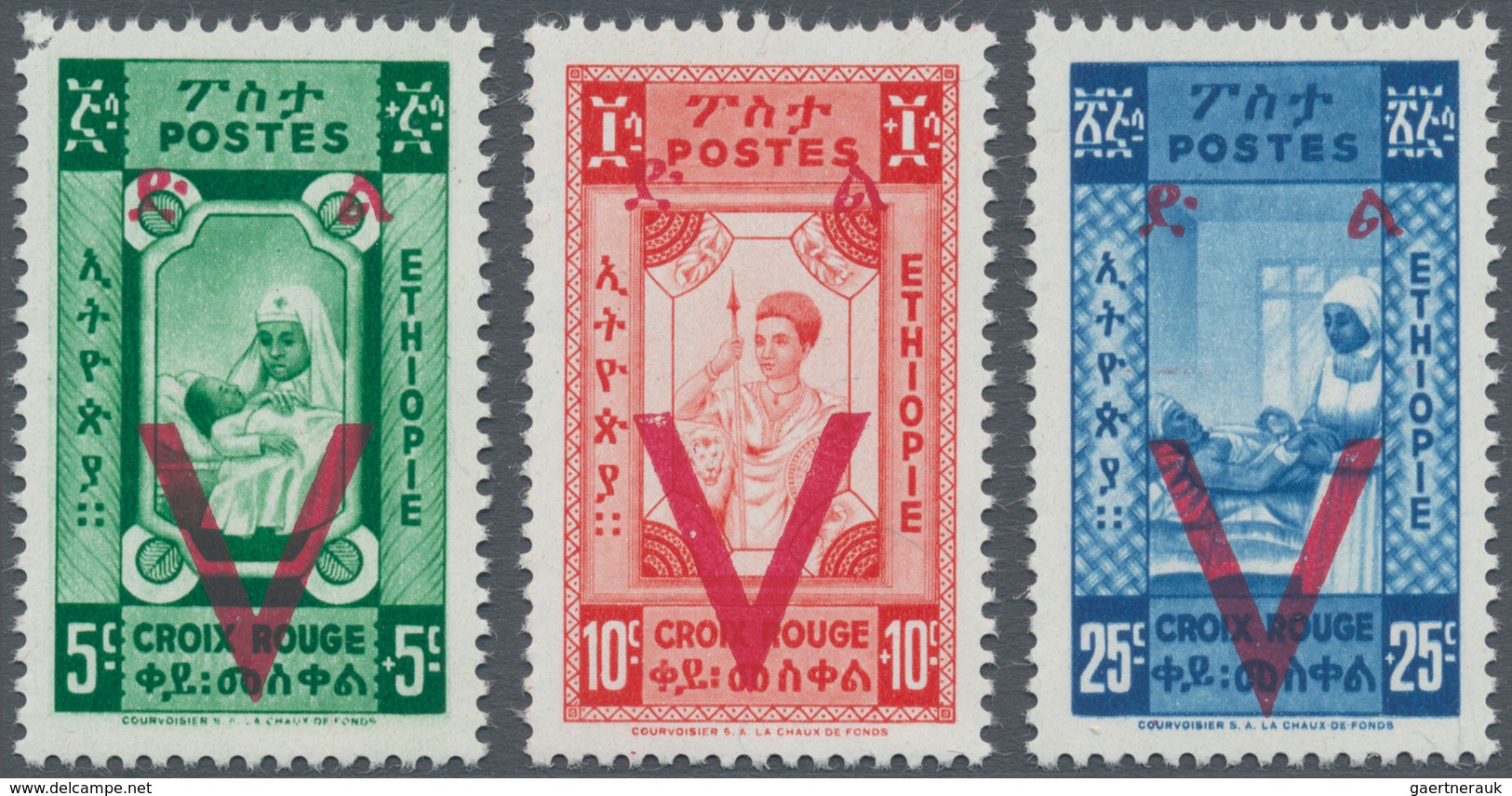 Äthiopien: 1945, Victory Issue Unissued Red Cross Stamps With Opt. Of A Large ‚V‘ Part Set Of Three - Äthiopien